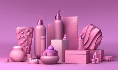 Obraz na płótnie Canvas a variety of cosmetics products on a purple background with a pink background and a pink background with a pink background and a pink background with a pink background. generative ai