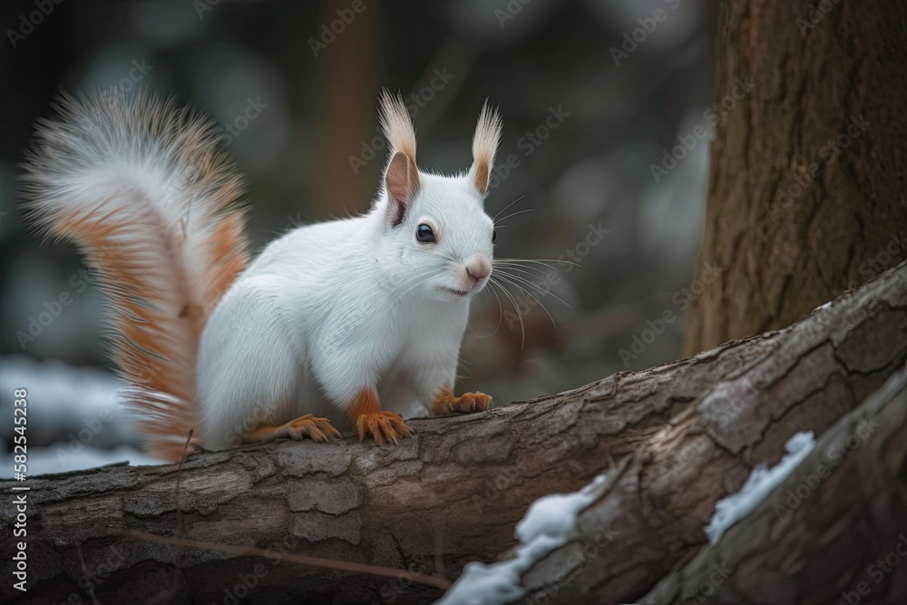 Poster a tree with an albino squirrel. generative ai