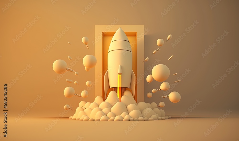 Poster a rocket launching out of a door into the air with bubbles around it and a bunch of balls around it 