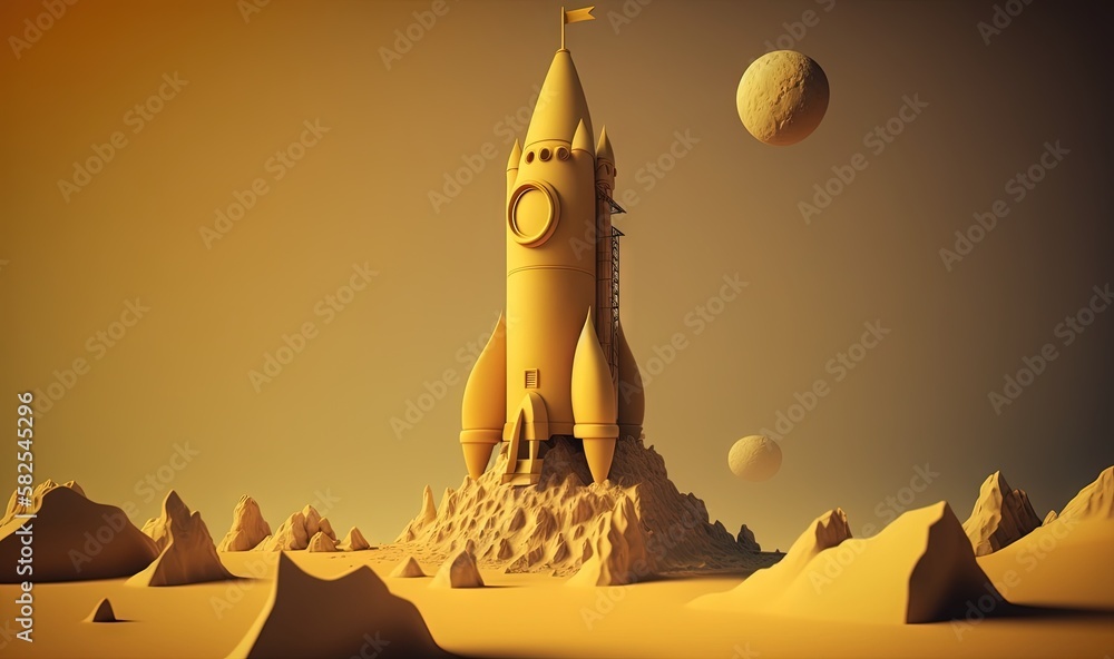Poster  a computer generated image of a yellow rocket on a desert landscape with planets in the background and a moon in the sky over the horizon.  generative ai