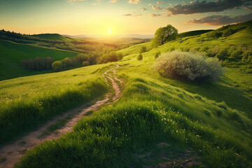 Obraz premium Beautiful natural spring summer landscape of meadow ,generative artificial intelligence