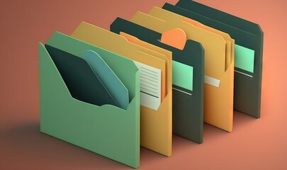  a group of folders sitting next to each other on top of a pink surface with an orange background and a green folder in the middle.  generative ai