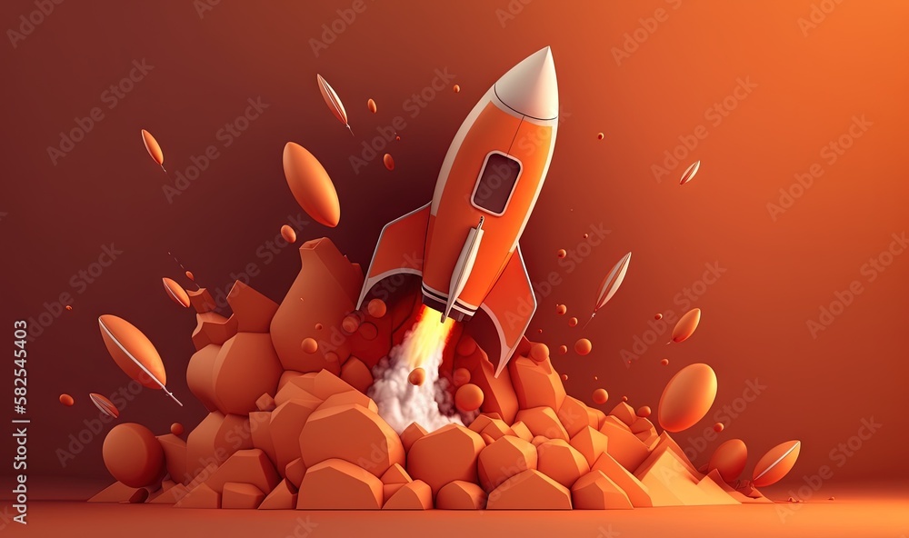 Poster a rocket launching into the air from a pile of rocks and pebbles on an orange background with a red 