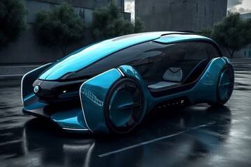 Fototapeta na wymiar A future concept car. A city electric car with autopilot. Futuristic technologies, streamlined design. Generative AI.