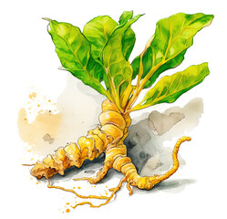 Obraz premium Fresh turmeric (curcuma) root with leaves over white background. Generative AI watercolor illustration