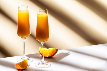 Mimosa alcohol cocktail drink with orange juice and cold dry champagne or sparkling wine in glasses. Beige background, hard light, shadow pattern
