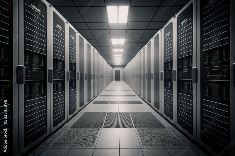 Poster modern data center with computer servers. ai generated, human enhanced.