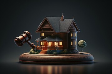 Gavel of justice and house model. Real estate laws and taxes concept. Background with selective focus. AI generated