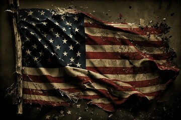 Old tattered american flag. Grunge background. AI generated