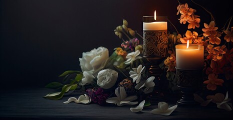 Burning Candles and Flowers on Black Background - Funeral Concept with Space for Text. Generative AI.