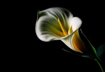 Sympathy Card with Calla Flower on Black Background: Funeral Condolences and Grief Concept. Generative AI.
