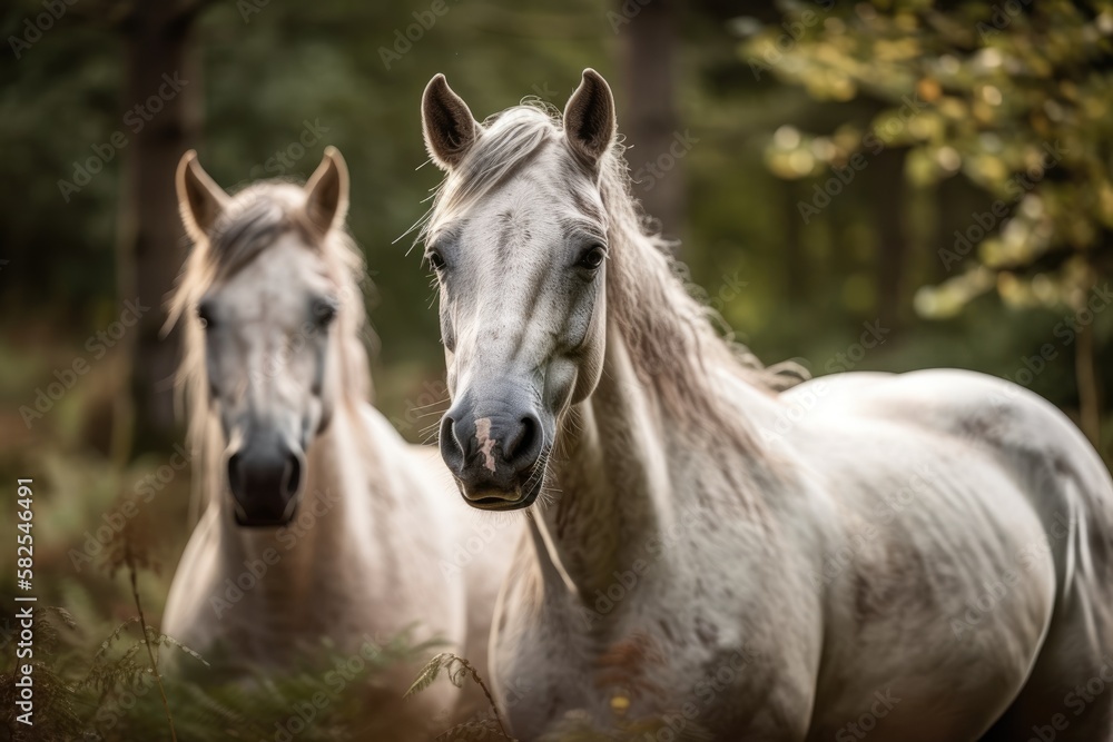 Poster modern forest horses. Generative AI