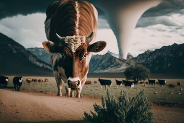 Cows produce methane and other pollutants, which are then released into the atmosphere. Intensive animal husbandry practices are one of the causes of global warming. Double exposure. AI illustration.