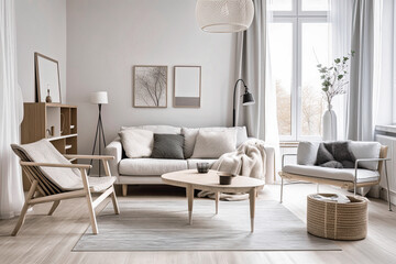 A modern Scandinavian room interior design typically features a minimalist color palette, natural materials such as wood and stone, clean lines, and functional furniture - Generative AI