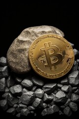 illustration, a gold coin with bitcoin symbol on a stone, ai generative.