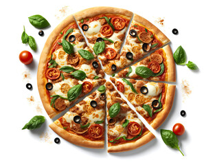 pizza with cheese and olives isolated on a white background. generative ai