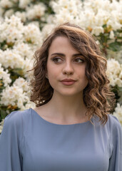 Fototapeta premium A beautiful young girl with dark hair in a gray dress near white rhododendron flowers looks at the camera.