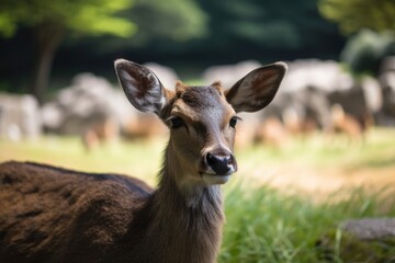 Fototapeta premium At Nara Park in Nara, Japan, a curious deer looks directly at the camera. Generative AI