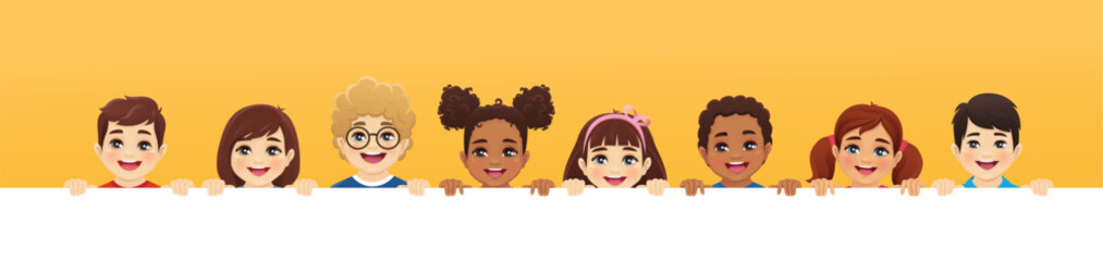 Smiling cute kids boys and girls looking from behind empty blank white board isolated vector illustration. Multiethnic happy children on yellow background.