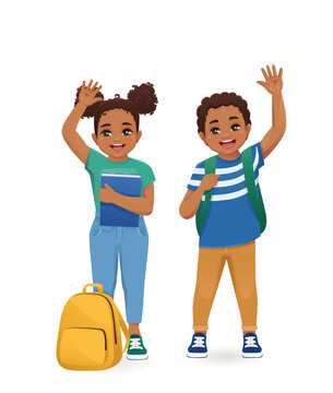 Smiling cute school boy and girl kids with backpacks standing, holding books, waving hands. Isolated vector illustration