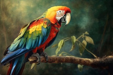 Obraz premium Colorful parrot on branch in tropical forest, created with generative AI
