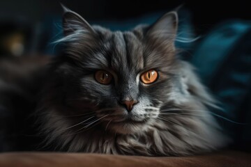 Fototapeta premium Gray fluffy cat curled up on the couch. Close up of a cat. Generative AI