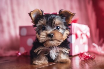 Little cute and funny Yorkshire Terrier puppy on a white wooden table with a pink background, decorated for Christmas. Generative AI