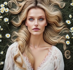 Beautiful young blonde woman lying among flowers and daisies. In the chamomile field. Nature concept. Generative ai