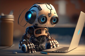 illustration, cute humanoid working on a laptop, ai generative