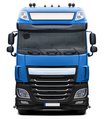 Powerful European truck. With blue cab and black plastic bumper. Front view isolated on white background. © andrew7726