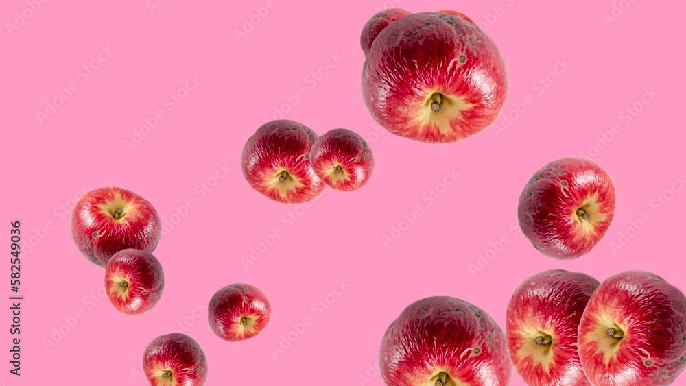 Aufkleber abstract explosion with red apples flying in different directions on a pink background. simple color