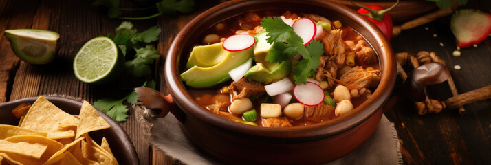 Pozole mexican soup bowl, banner on neutral background with copy space, generative ai illustration