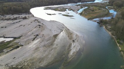 water emergency and drought  due to lack of rain due to global warming and the decrease of glaciers - Drone aerial view of dry river with scarcity of water in Lombardy Pavia - Ticino di Besate 