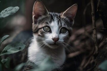 Naklejka na ściany i meble Adorable Asian shorthair black and white kitten portrait. Generative AI
