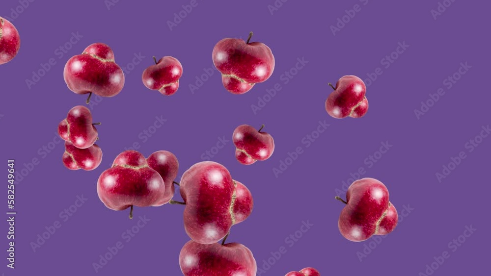 Poster abstract explosion with ugly apples flying in different directions on a violet background. simple co