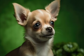 Chihuahua puppy on a green backdrop. Generative AI