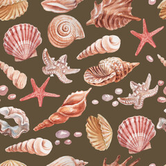 seashells shells marine nature aquatic underwater world wild nature Hand drawn watercolor illustration. Set isolated on white background sketch realistic style
