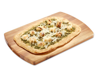Flat-Bread-Chicken-Pesto-Pizza-wood-cutting-board-isolated-white-background