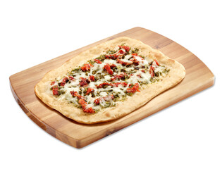Flat-Bread-Vegetarian-Pizza-wood-cutting-board-isolated-white-background