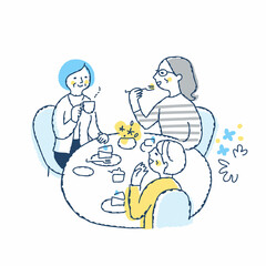 テーブルを囲んでお茶を楽しむ3人の女性