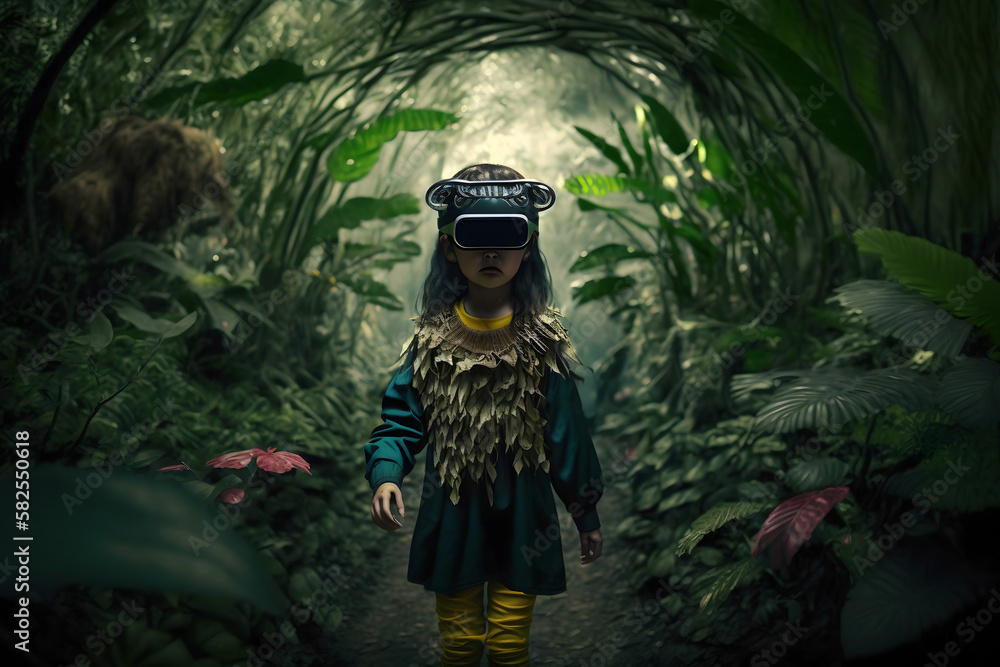 Poster child in virtual augmented reality helmet. future technology concept. neural network ai generated ar