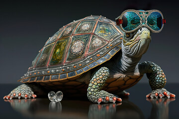 Jewel turtle in luxury glasses. The turtle is covered with emeralds, diamonds, rubies and all kinds of gems. AI generated illustration.
