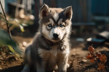 Obraz premium In the yard, an Alaskan Malamute puppy plays. Generative AI