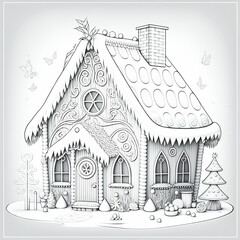 Obraz premium Drawing for coloring, fabulous gingerbread house close-up, black and white illustration, ai generative