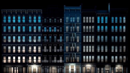 Fototapeta na wymiar A digital illustration of a row of buildings in a city at night with colorfully lighted windows. Generative AI. 