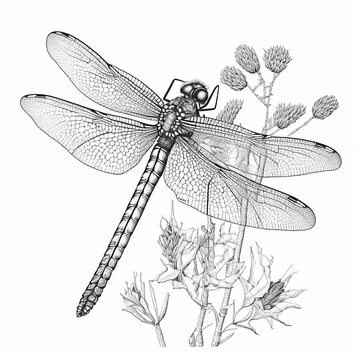 Drawing for coloring, large dragonfly on a flower close-up, black and white illustration, ai generative