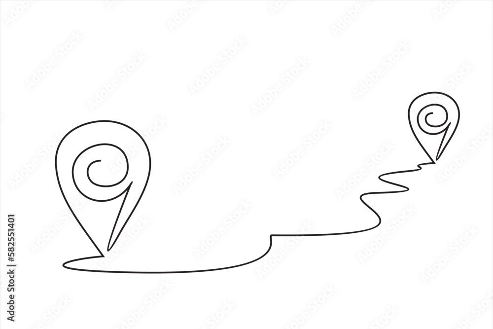 Poster continuous one line drawing pointing location at map, hand drawn way destination continuous contour,