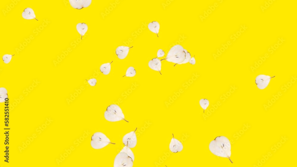 Poster abstract explosion with half of pears flying in different directions on a yellow background. simple 