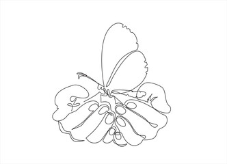 Single continuous line of hands holding butterfly on a white background. Black thin line of the hands with  butterfly. Freedom concept.