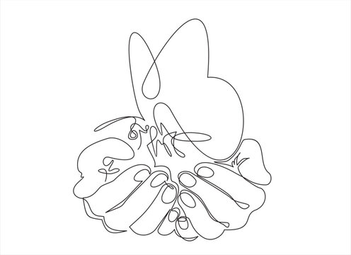 Single continuous line of hands holding butterfly on a white background. Black thin line of the hands with  butterfly. Freedom concept.